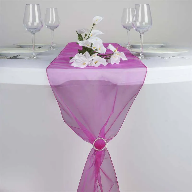 10 Pack Sheer Organza Table Runners 14"x108" Fuchsia - Lightweight Table Decor