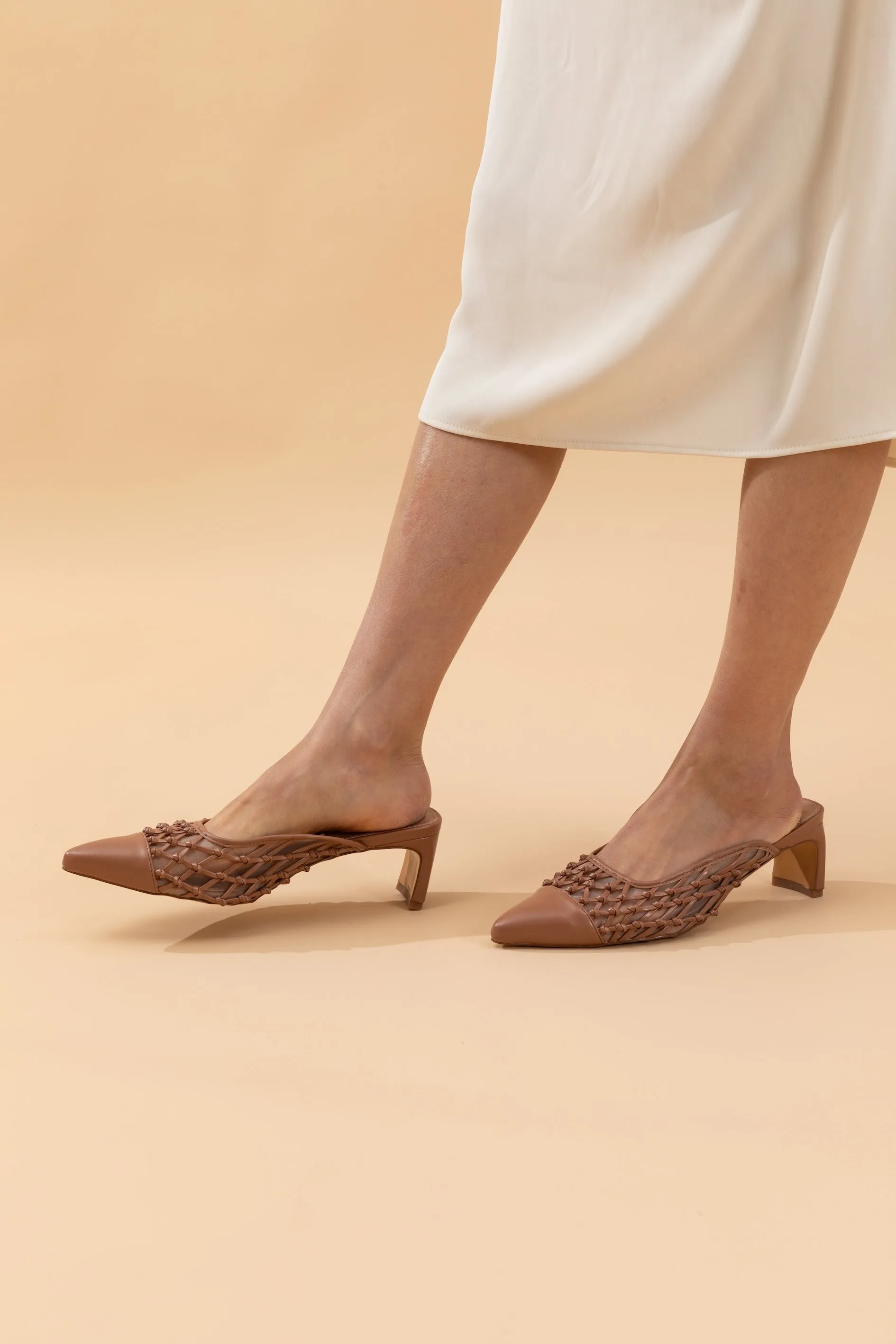 Beige Netted Leather Slip-ons