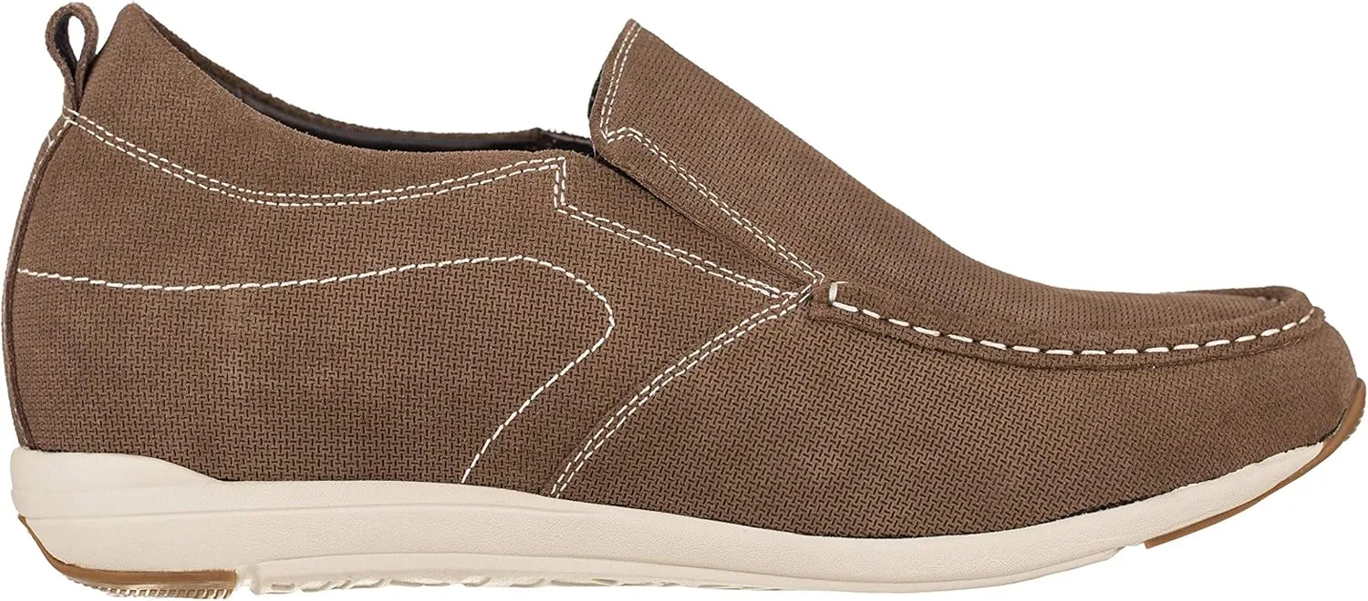 CALTO Men's Invisible Height Increasing Elevator Shoes - Brown Nubuck Leather Slip-on Casual Loafers - 2.8 Inches Taller - G4904 - Size 10 D(M) US