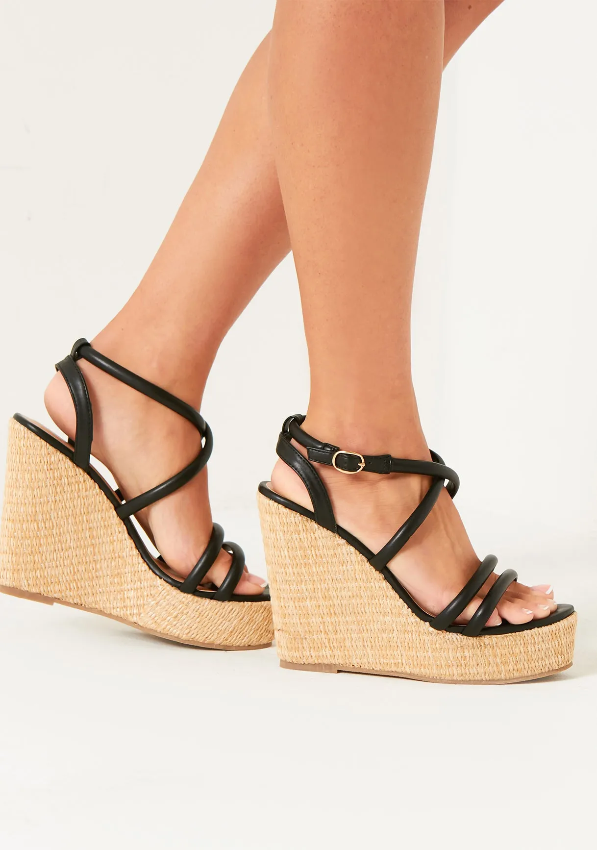 Codie Black Leather Strap Wedges