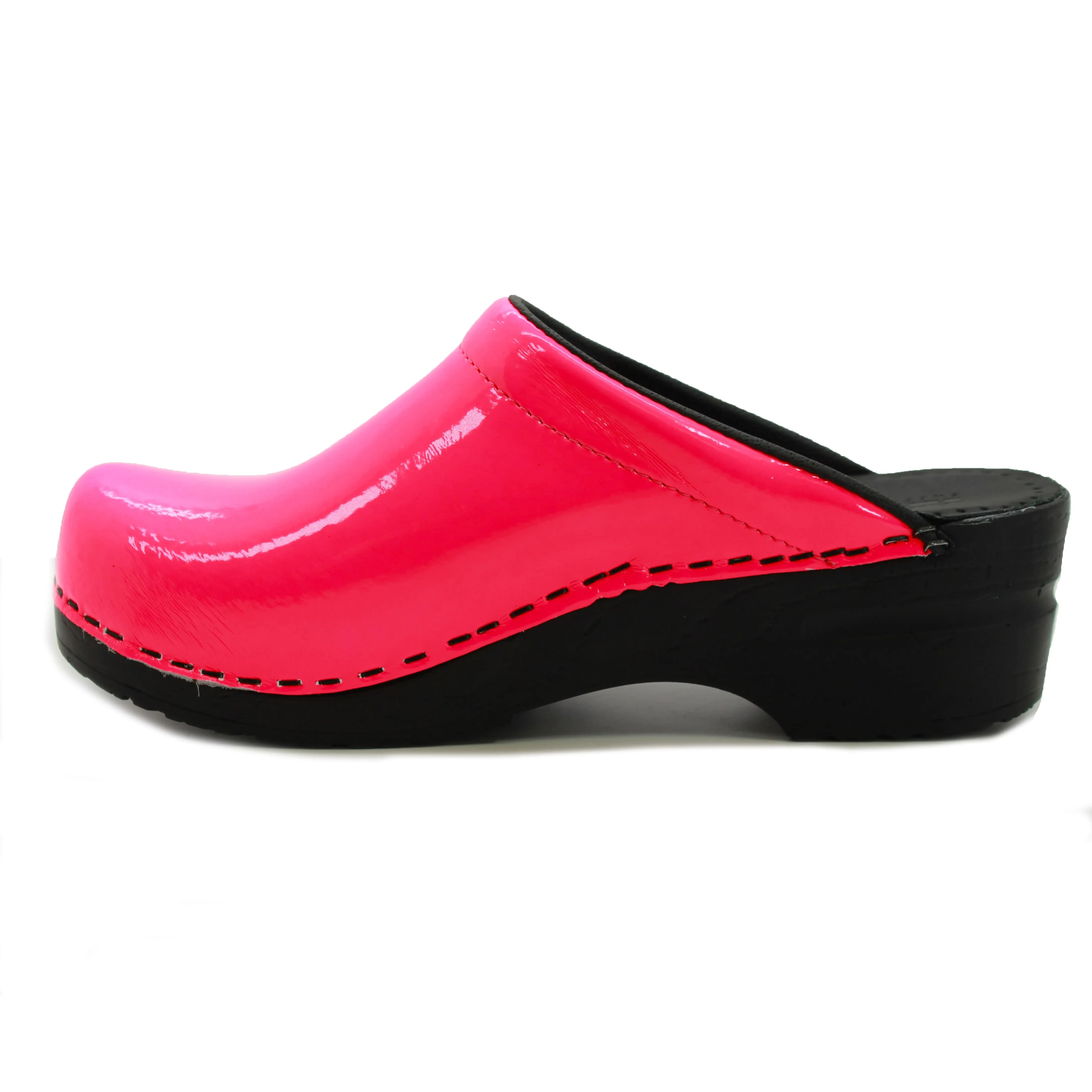 Elly Open Back Neon Pink Patent Leather Clogs