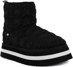 JUICY COUTURE Women's Quilted Slip-On Winter Boots – Waterproof, Warm Mid-Calf Snow Booties with Logo Strap-Kissie