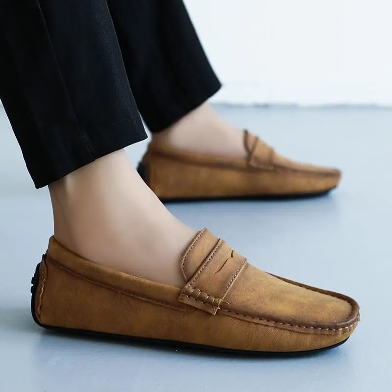 Loafers for Men Square Toe PU Leather Driving Penny Loafers Lightweight Flat Heel Anti-Slip Wedding Outdoor Slip-ons