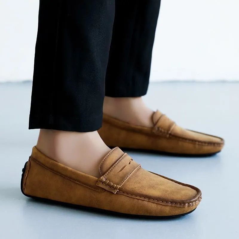 Loafers for Men Square Toe PU Leather Driving Penny Loafers Lightweight Flat Heel Anti-Slip Wedding Outdoor Slip-ons