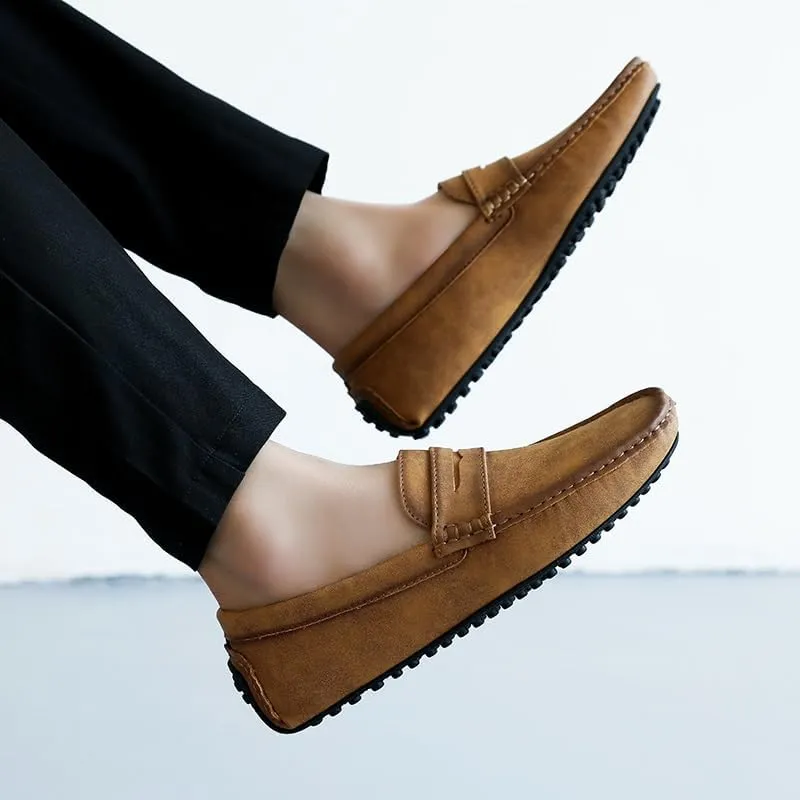 Loafers for Men Square Toe PU Leather Driving Penny Loafers Lightweight Flat Heel Anti-Slip Wedding Outdoor Slip-ons