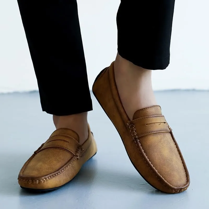Loafers for Men Square Toe PU Leather Driving Penny Loafers Lightweight Flat Heel Anti-Slip Wedding Outdoor Slip-ons