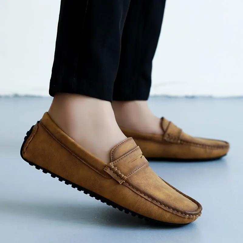 Loafers for Men Square Toe PU Leather Driving Penny Loafers Lightweight Flat Heel Anti-Slip Wedding Outdoor Slip-ons