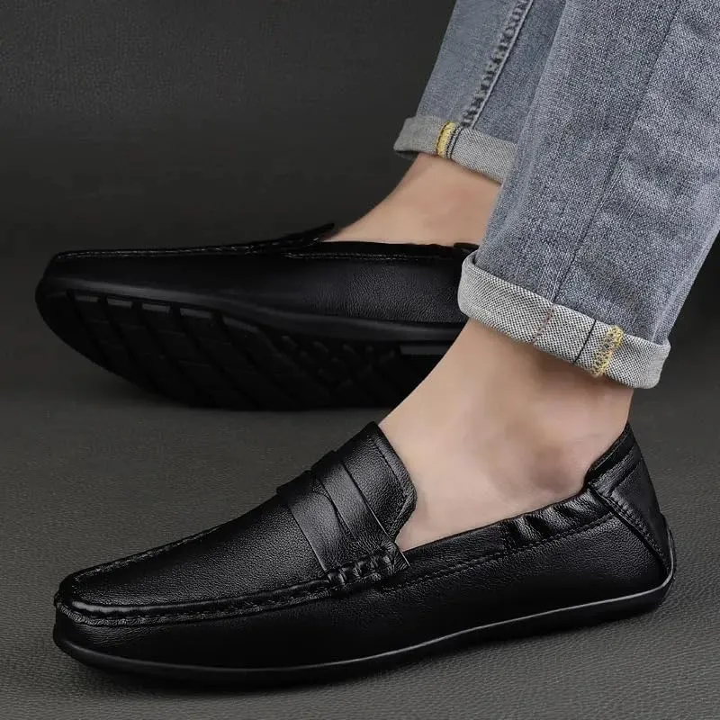 Loafers for Men Vegan Leather Stitching Details Penny Loafers Flat Heel Anti-Slip Flexible Party Slip-ons