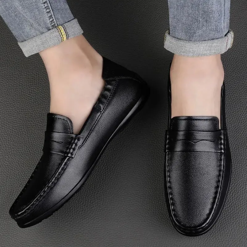 Loafers for Men Vegan Leather Stitching Details Penny Loafers Flat Heel Anti-Slip Flexible Party Slip-ons