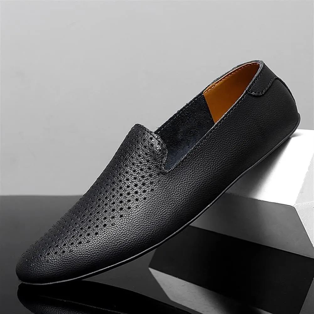 Men's Loafers Genuine Leather Pointed Toe Perforated Breathable Rubber Sole Comfortable Flexible Lightweight Wedding Slip-ons