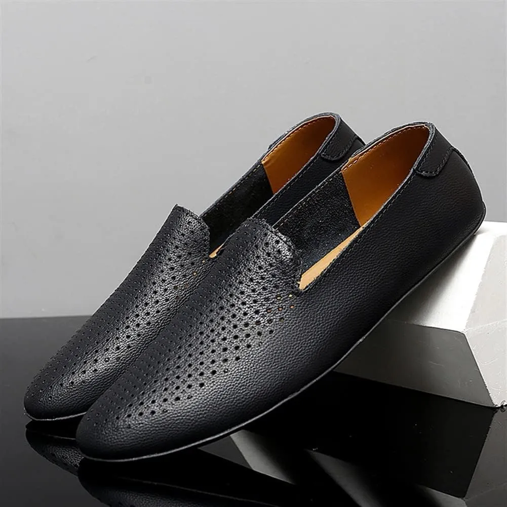 Men's Loafers Genuine Leather Pointed Toe Perforated Breathable Rubber Sole Comfortable Flexible Lightweight Wedding Slip-ons