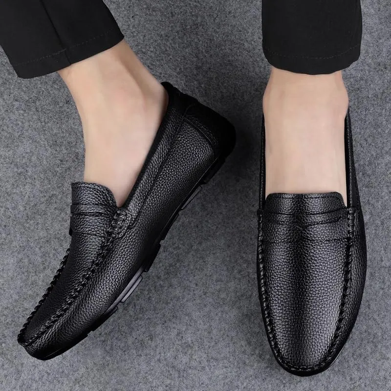 Men's Loafers Round Toe Leather Penny Loafer Slip Resistant Flexible Anti-Slip Fashion Slip-ons