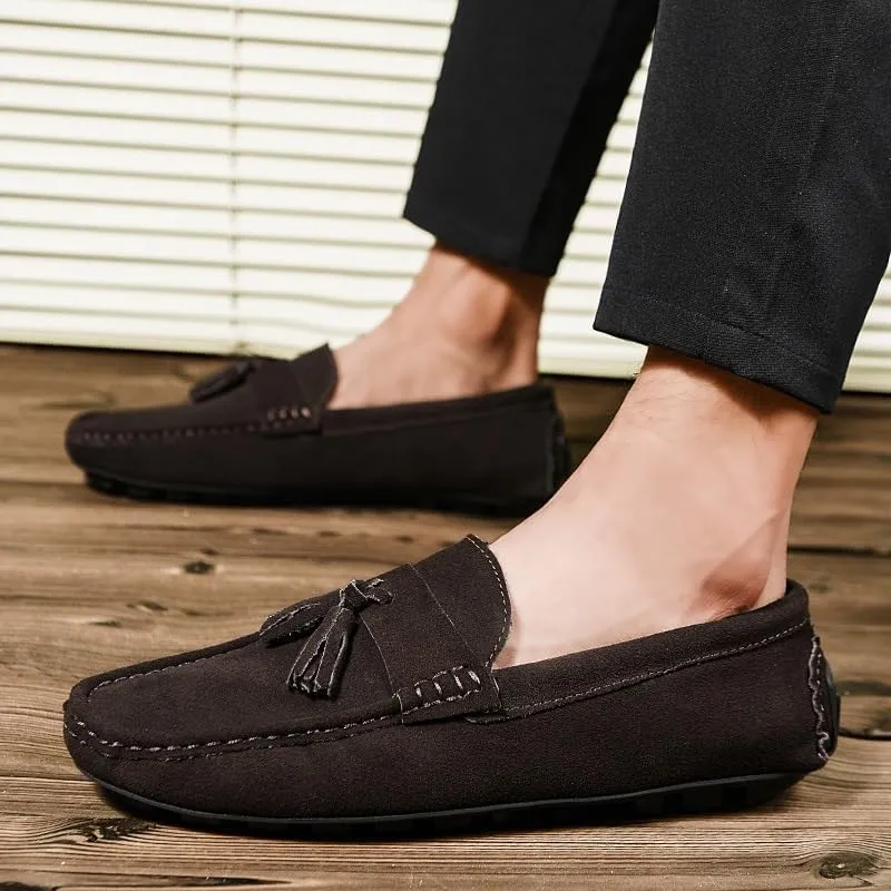 Mens Loafers Shoe Round Toe Nubuck Leather Driving Loafers with Tassel Anti-Slip Flexible Lightweight Party Slip On