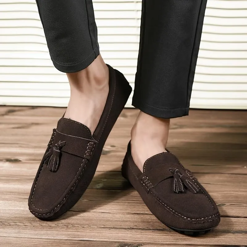 Mens Loafers Shoe Round Toe Nubuck Leather Driving Loafers with Tassel Anti-Slip Flexible Lightweight Party Slip On