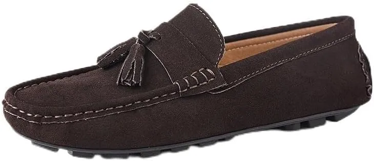 Mens Loafers Shoe Round Toe Nubuck Leather Driving Loafers with Tassel Anti-Slip Flexible Lightweight Party Slip On