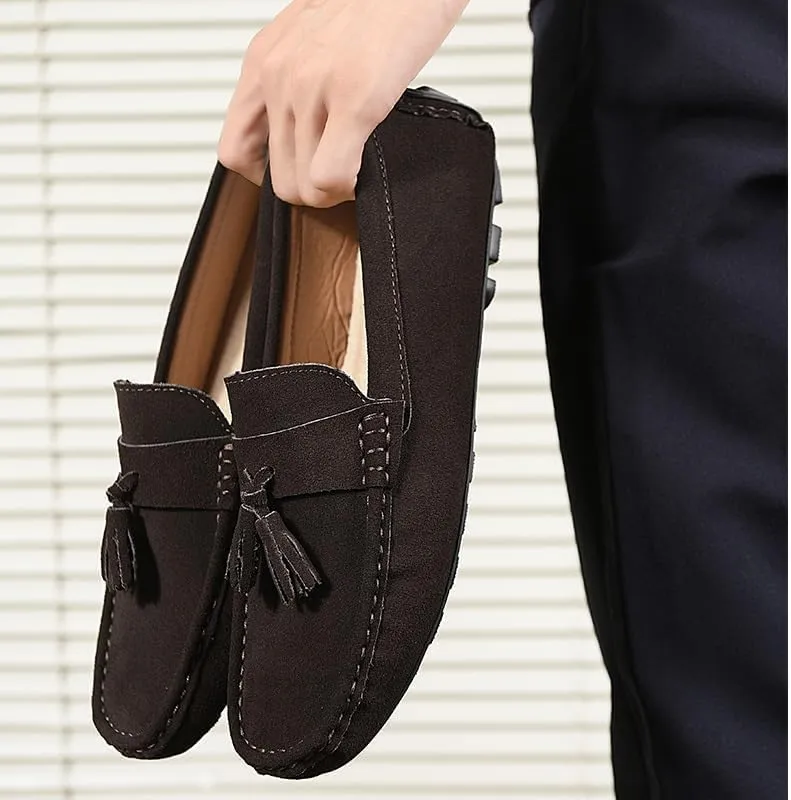 Mens Loafers Shoe Round Toe Nubuck Leather Driving Loafers with Tassel Anti-Slip Flexible Lightweight Party Slip On