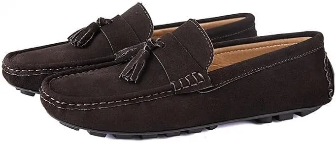 Mens Loafers Shoe Round Toe Nubuck Leather Driving Loafers with Tassel Anti-Slip Flexible Lightweight Party Slip On