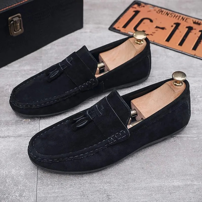 Men's Loafers Shoes Nubuck Leather with Tassel Driving Style Loafer Comfortable Flat Heel Anti-Slip Classic Prom Slip On