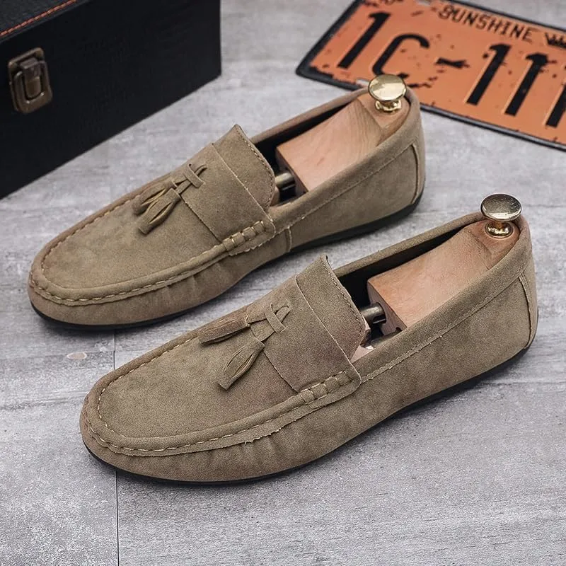 Men's Loafers Shoes Nubuck Leather with Tassel Driving Style Loafer Comfortable Flat Heel Anti-Slip Classic Prom Slip On