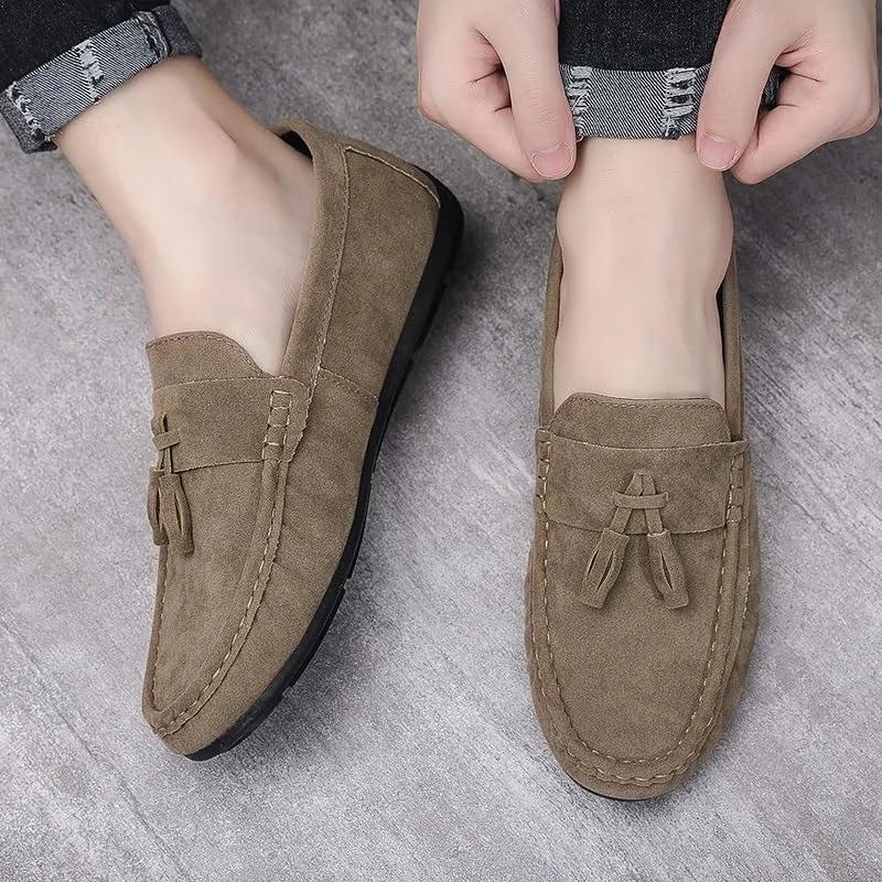 Men's Loafers Shoes Nubuck Leather with Tassel Driving Style Loafer Comfortable Flat Heel Anti-Slip Classic Prom Slip On