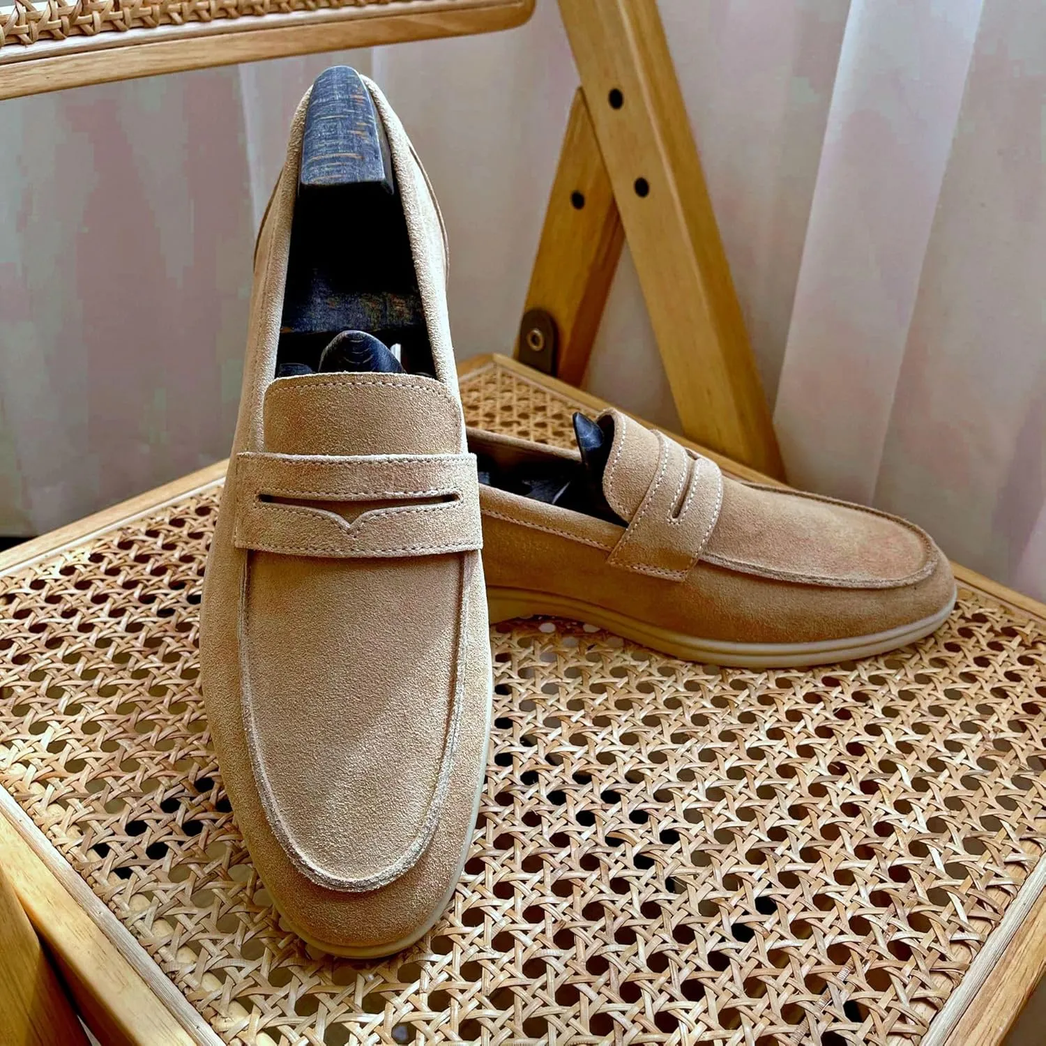 Men's Loafers Shoes Suede Genuine Leather Apron Toe Penny Loafers Flexible Comfortable Lightweight Fashion Slip-ons