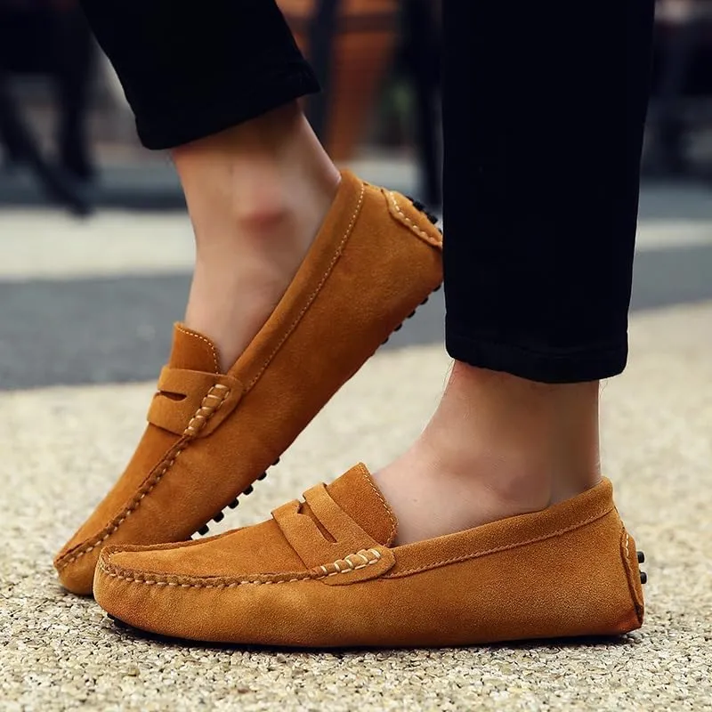 Mens Loafers Square Toe Nubuck Leather Penny Driving Shoes Resistant Comfortable Flat Heel Party Slip On