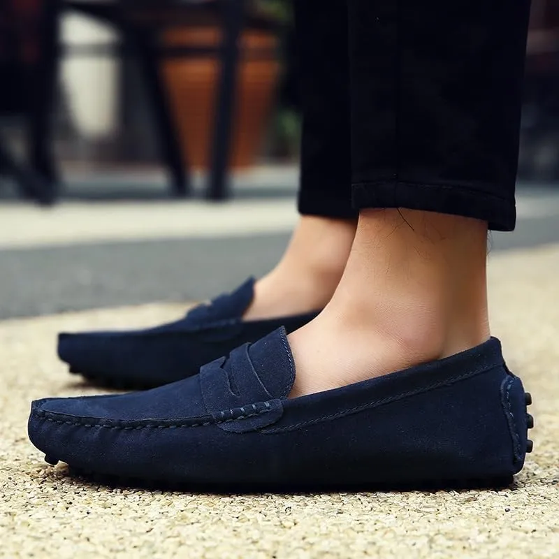 Mens Loafers Square Toe Nubuck Leather Penny Driving Shoes Resistant Comfortable Flat Heel Party Slip On