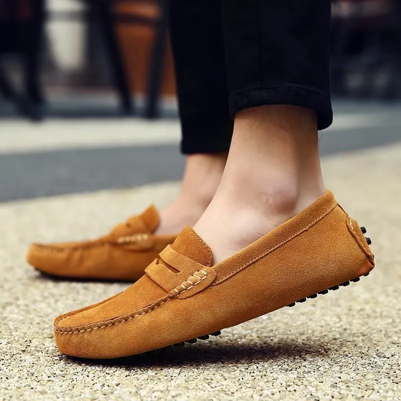 Mens Loafers Square Toe Nubuck Leather Penny Driving Shoes Resistant Comfortable Flat Heel Party Slip On