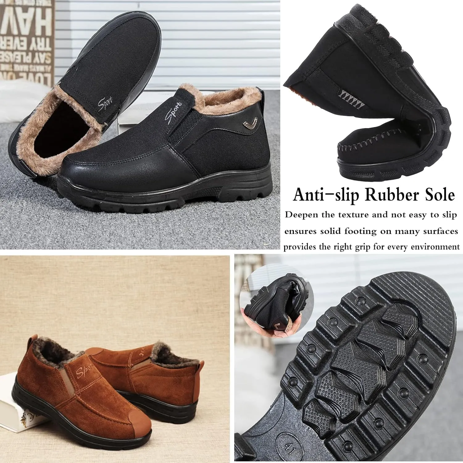 Mens Shoes Winter Snow Boots Warm Fur Lined Cotton-Padded Slip on Casual Walking Platform Anti-Slip Loafers Ankle Cloth Shoes