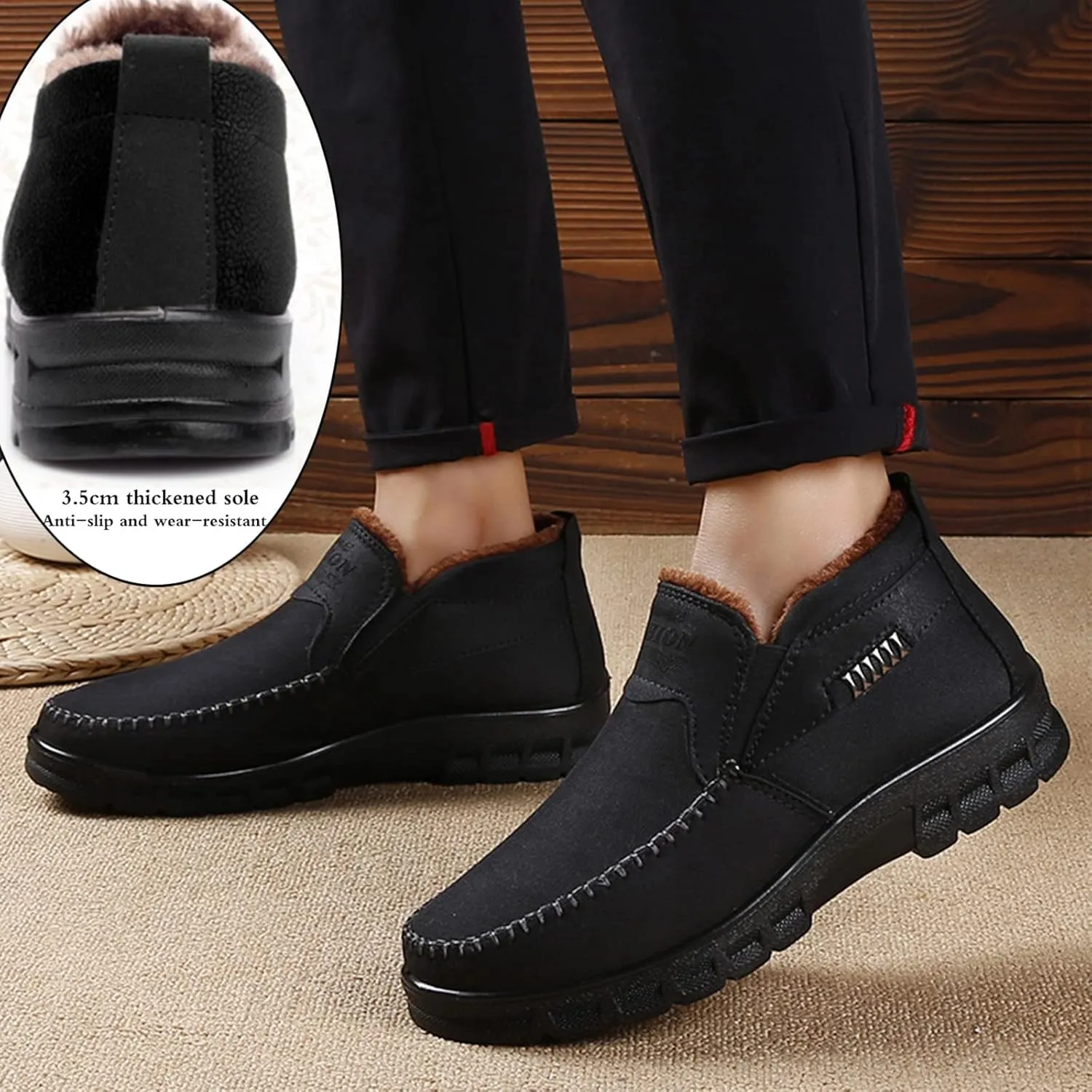 Mens Shoes Winter Snow Boots Warm Fur Lined Cotton-Padded Slip on Casual Walking Platform Anti-Slip Loafers Ankle Cloth Shoes