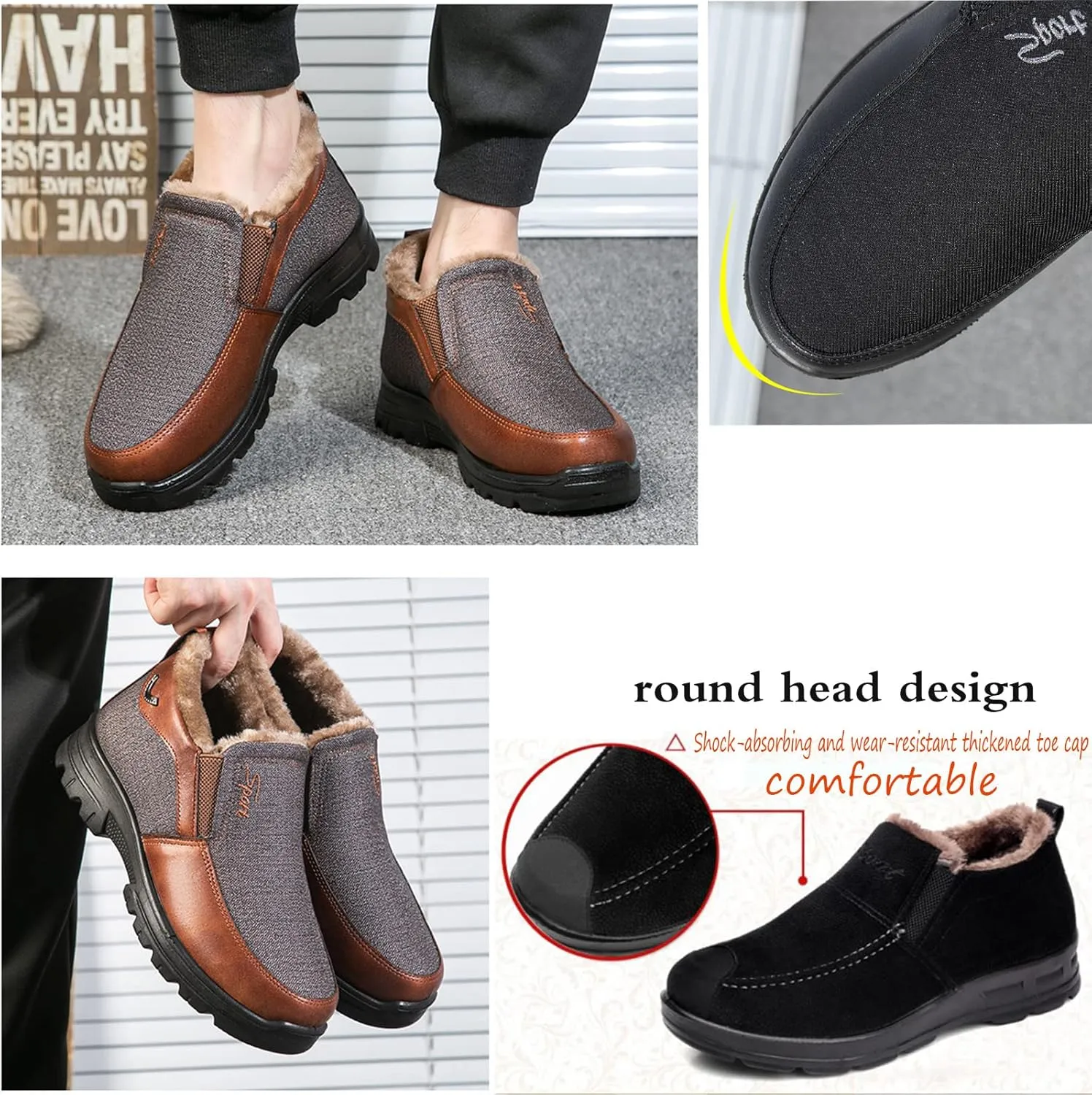 Mens Shoes Winter Snow Boots Warm Fur Lined Cotton-Padded Slip on Casual Walking Platform Anti-Slip Loafers Ankle Cloth Shoes