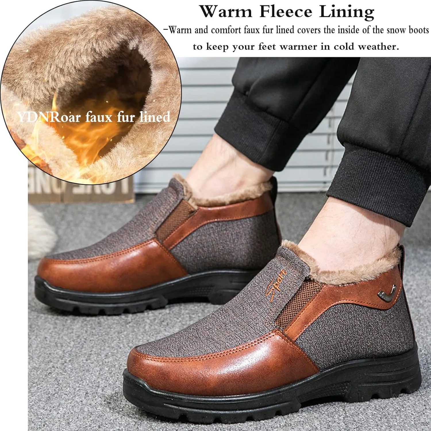 Mens Shoes Winter Snow Boots Warm Fur Lined Cotton-Padded Slip on Casual Walking Platform Anti-Slip Loafers Ankle Cloth Shoes
