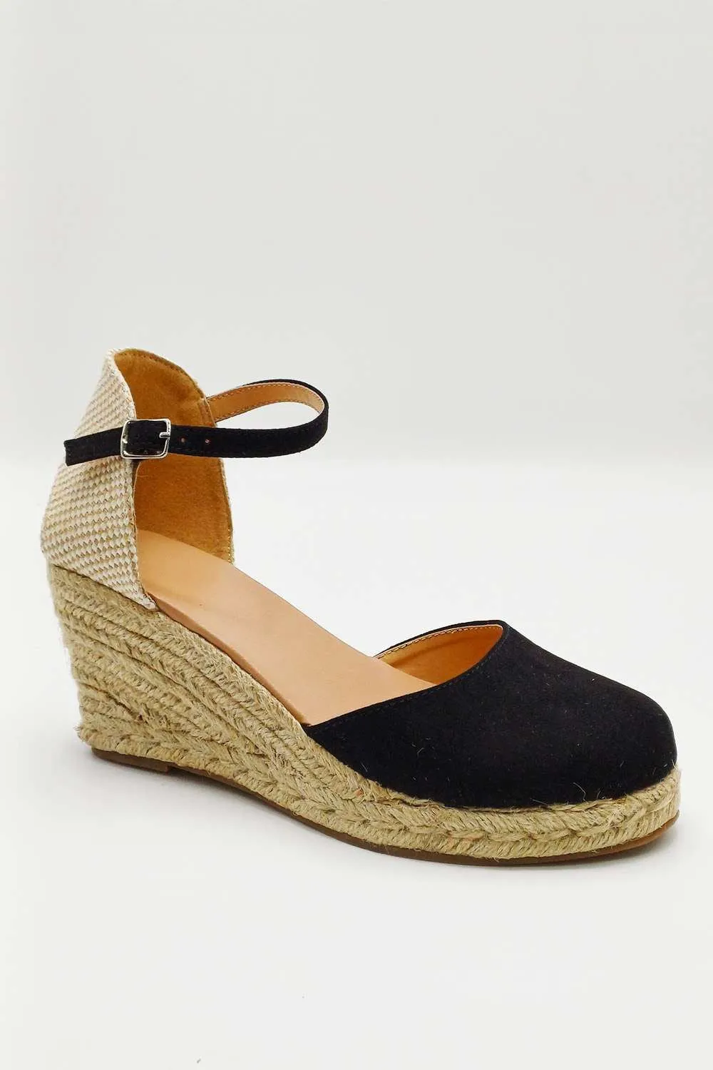 Mira Closed Toe Anklestrap Wedges in Black