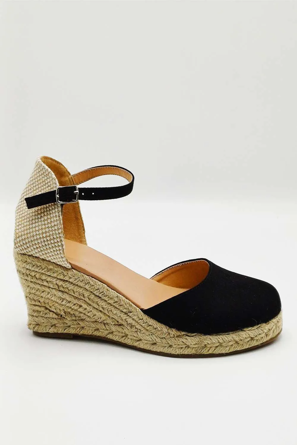 Mira Closed Toe Anklestrap Wedges in Black
