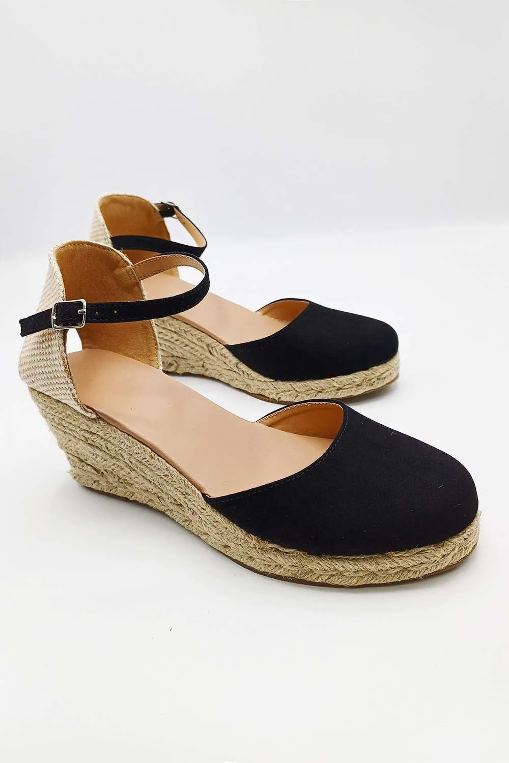 Mira Closed Toe Anklestrap Wedges in Black