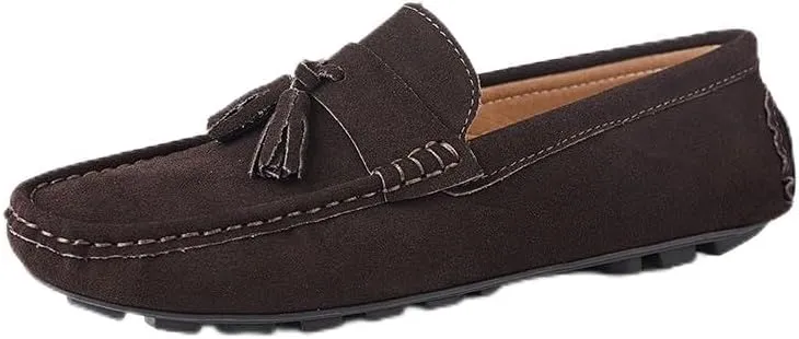 New Men's Loafers Round Toe Nubuck Leather Driving Loafers with Tassel Comfortable Flexible Resistant Classic Outdoor Slip On