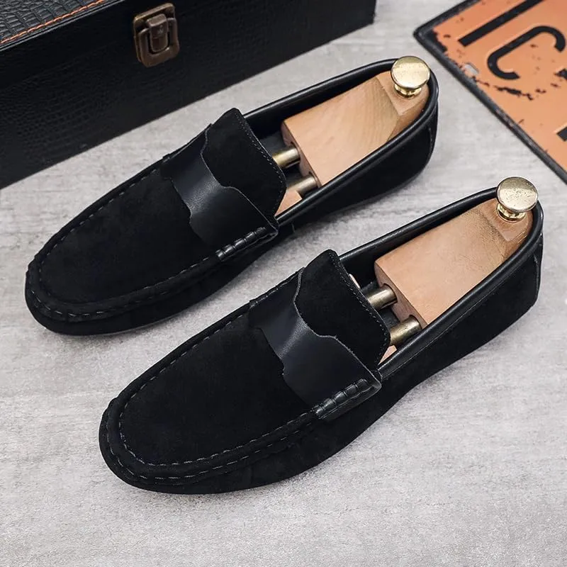 New Men's Loafers Round Toe Nubuck Leather Driving Shoes Flat Heel Comfortable Flexible Outdoor Slip-on