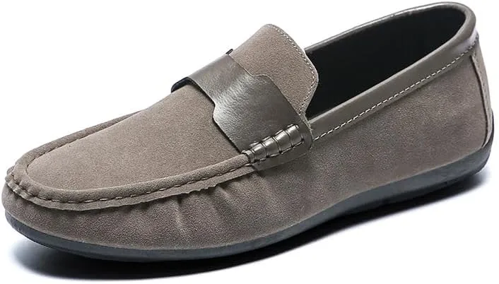 New Men's Loafers Round Toe Nubuck Leather Driving Shoes Flat Heel Comfortable Flexible Outdoor Slip-on