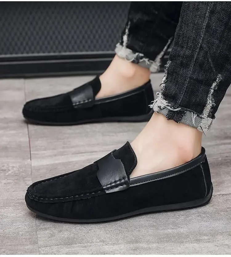 New Men's Loafers Round Toe Nubuck Leather Driving Shoes Flat Heel Comfortable Flexible Outdoor Slip-on