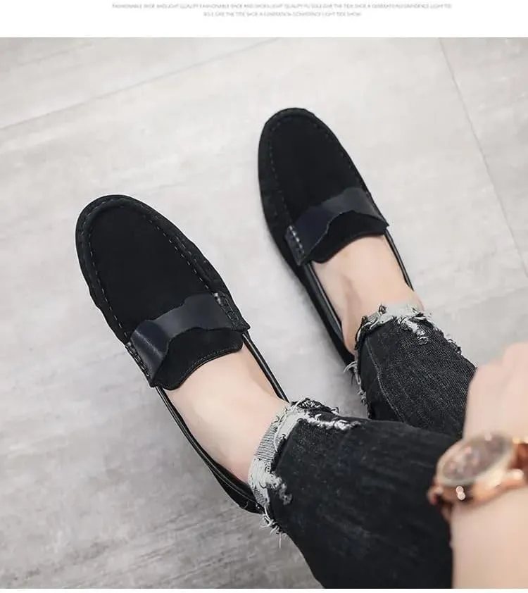 New Men's Loafers Round Toe Nubuck Leather Driving Shoes Flat Heel Comfortable Flexible Outdoor Slip-on