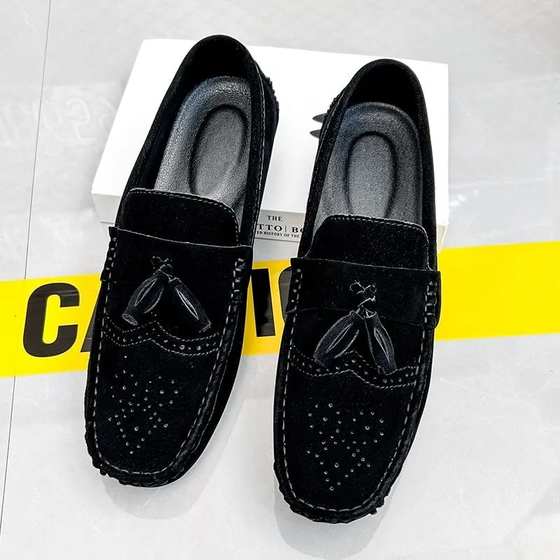 New Mens Loafers Shoe Nubuck Leather Tassel Penny Driving Loafers Anti-Slip Lightweight Flexible Outdoor Slip-on