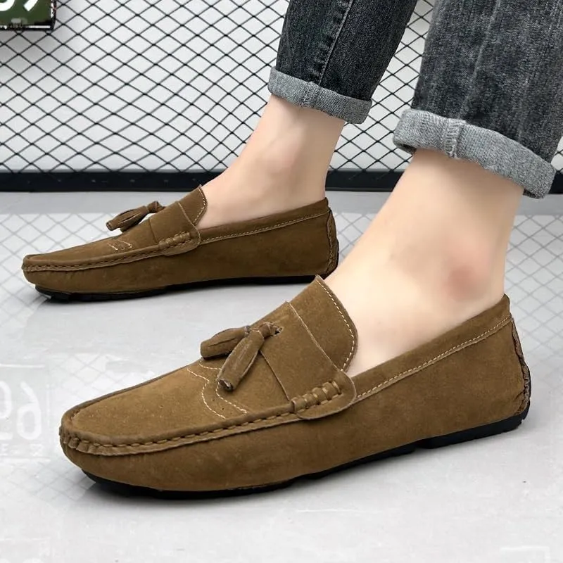 New Mens Loafers Shoe Nubuck Leather Tassel Penny Driving Loafers Anti-Slip Lightweight Flexible Outdoor Slip-on