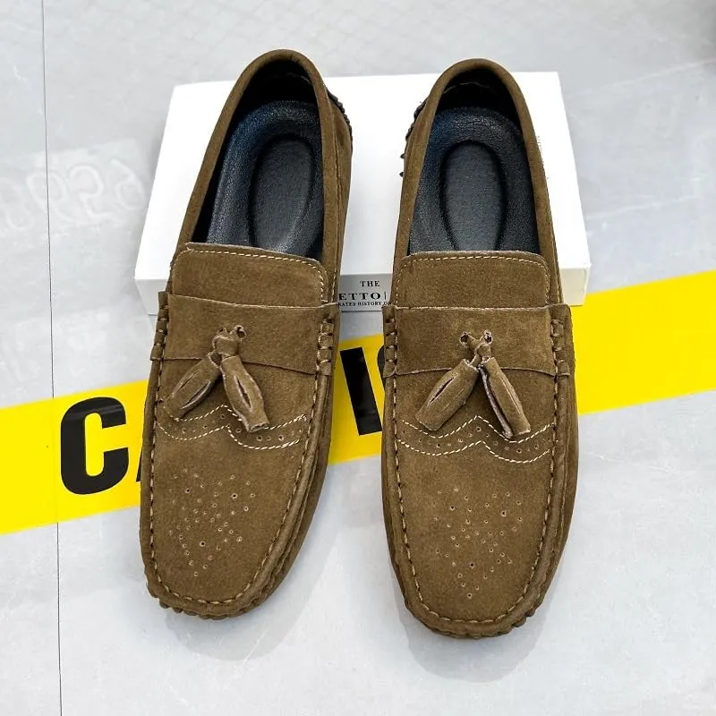 New Mens Loafers Shoe Nubuck Leather Tassel Penny Driving Loafers Anti-Slip Lightweight Flexible Outdoor Slip-on