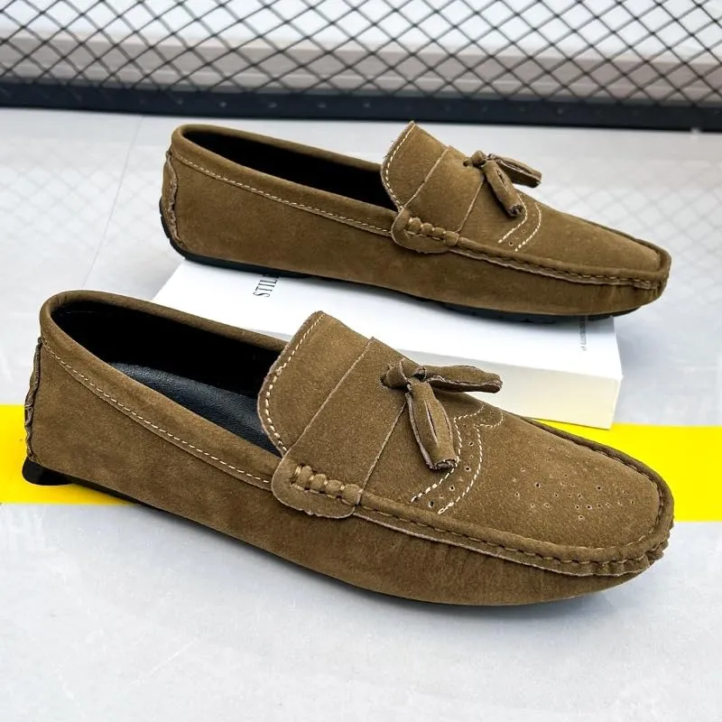 New Mens Loafers Shoe Nubuck Leather Tassel Penny Driving Loafers Anti-Slip Lightweight Flexible Outdoor Slip-on